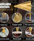 Step Drill Bit Set 6 To 60mm Titanium Coated HSS Cone Drill Bit With Triangular Shank displayed on various materials
