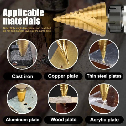 Step Drill Bit Set 6 To 60mm Titanium Coated HSS Cone Drill Bit With Triangular Shank displayed on various materials