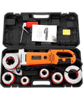 Boss Level Electric Pipe Threader Tool Kit With 2300W Motor And Six Die Heads For Half To Two Inch Conduit and portable ratchet threading machine in case.