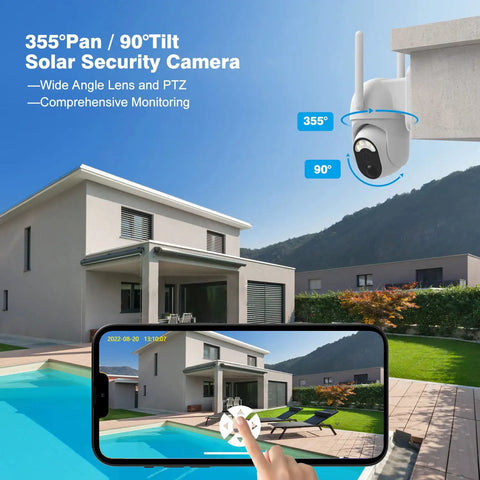 Solar Powered Wireless Outdoor Security Camera With 355 Degree Pan Tilt, 1080P Night Vision, attached to house corner