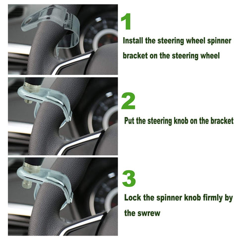 Steps to install Ball Steering Wheel Knob Spinner For One Hand Driving Aid on steering wheel with marbled blue handle.