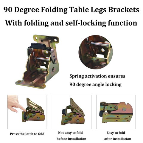 Heavy Duty 4 Pack Folding Support Brackets With Self Locking Hinges For Tables Benches And Workbenches Easy Install Gold Finish Includes 44 Screws And Mounting Hardware shown with 90-degree locking mechanism and spring activation feature.