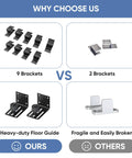 Image comparing two barn door hardware kits; one with 9 brackets and 2 heavy-duty guides, and one with 2 brackets and fragile guides.