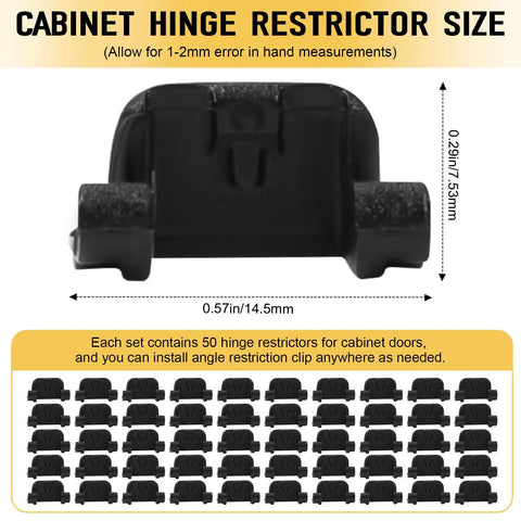 Fifty Pack Universal Cabinet Hinge Restrictor Clips Stop Annoying Door Slams With Totally Effortless Slide On Soft Close Compatibility For Kitchens And Bathrooms Full Control Over Swing Angles Built Tough, black nylon clip dimensions shown.