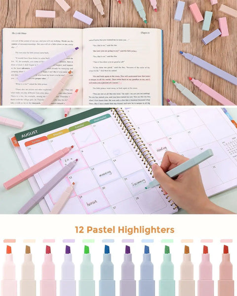 All-In-One Student Stationery Kit With Pencil Case, 12 Pastel Highlighters, calendar highlighting, open book with notes