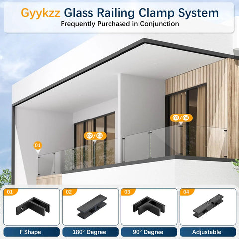 Two Pack Matte Black Wall To Glass Clamp For 90 Degree Railing Heavy Duty T304 Stainless Steel Clips Fit 3/8 To 1/2 Inch Glass F Shape Railing Clips For Fence Balcony Deck Indoor And Outdoor Use on a balcony railing setup.