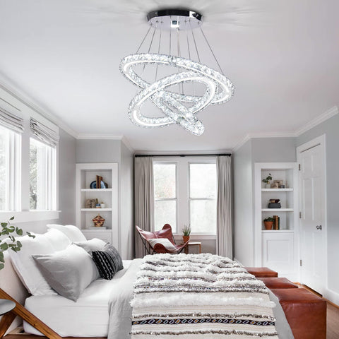 Modern LED Crystal Ring Chandelier Pendant Light With Three Rings, Adjustable Hanging Height 12 To 48 Inches, cool white 4500K in bedroom