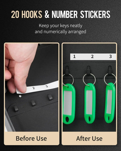 Heavy Duty Steel Key Wall Cabinet With Twenty Spaced Out Hooks And Three Digit Combo Lock Keep Your Spare Keys Safe And Sound For Home Office Or Rental Property Indoors Black, showing hooks with number stickers.