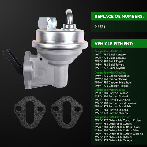 Front view of Mechanical Fuel Pump Replacement For SBC Small Block Chevy 350 With Stock 7.5 To 9.5 PSI Pressure Compatible With GM V8 Carbureted Engines Easy Swap In For Classic Buick Chevrolet GMC Olds And Pontiac Cars with gaskets