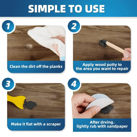 Step-by-step guide using Black Wood Filler Paste Kit High Performance Wood Hole Filler For Cracks And Dings Paintable Stainable Sandable Quick Drying Easy Finish That Never Shrinks Or Cracks 9.87 Ounce