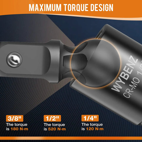 Close-up of 11 Piece Impact Socket Adapter And Reducer Set With Universal Joint Wobble Drive showing torque design details.
