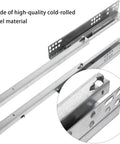 Close-up of Heavy Duty Drawer Slide Rails 2-Piece Set in cold rolled steel with visible holes and silent glide mechanism.