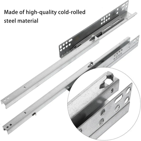 Close-up of Heavy Duty Drawer Slide Rails 2-Piece Set in cold rolled steel with visible holes and silent glide mechanism.