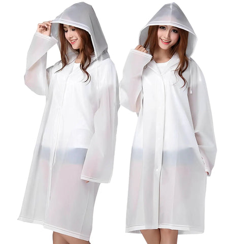 Two models wearing Lightweight Adults Rain Poncho Set 2 Pack With Hood Reusable Waterproof Rain Coats in white.