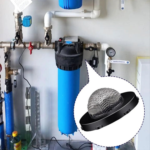 Heavy Duty 8 Pack Hose Water Filter Washers With Mesh Screen Inserts For Garden Hoses and Washing Machines shown with a filtration system.