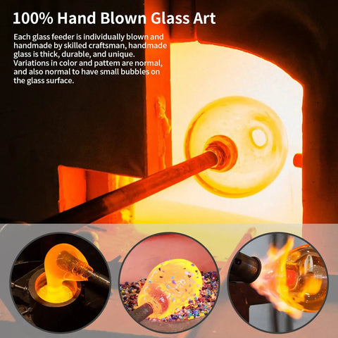 Hand Blown Glass Hummingbird Feeder With Ant Moat And Bee Proof Ports For Outdoor Hanging Leak Proof 360 Degree Perch 22 Ounce Blue Gift For Women Men Mom Dad being crafted by artisan near furnace with molten glass