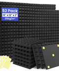 Legit Badass High Density Pyramid Soundproof Foam Panels For Walls 52 Pack 12X12X2 Acoustic Noise Dampening Tiles laying on surface.