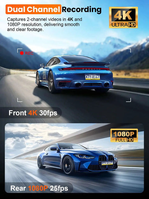 Dual channel recording demonstration with 4K Ultra HD front camera and 1080P rear camera for 4K Front And Rear Dash Cam With Built-In 5G WiFi GPS, 64GB Included, 3.59 Inch IPS Screen, Night Vision, G Sensor, Loop Recording, WDR, 24 Hour Parking Monitor, Dual Dash Cam For Cars.