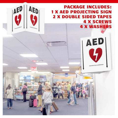 AED projection sign panels, 5x6 inch aluminum, two white signs with red heart graphic and mounting holes.