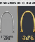 Heavy Hitter Gold Toilet Hose For Bathroom Fixtures With One Half Inch Angle Valve Connector Drip Free No Sweat Install Premium Stainless Steel Plumbing Supply 19 7 Inches Long comparison of standard silver vs polished gold finishes