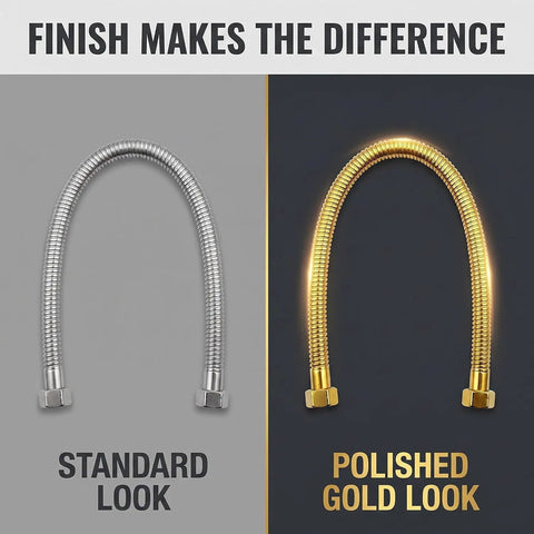 Heavy Hitter Gold Toilet Hose For Bathroom Fixtures With One Half Inch Angle Valve Connector Drip Free No Sweat Install Premium Stainless Steel Plumbing Supply 19 7 Inches Long comparison of standard silver vs polished gold finishes