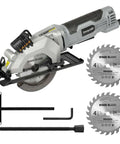 Inequalit mini circular saw with two 4 1/2 in wood blades, laser guide, rip guide, vacuum adapter and blade wrench