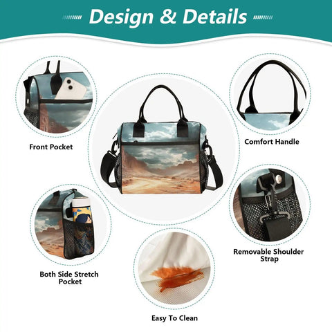 Insulated Lunch Bag for Outdoor Adventures With Desert Landscape Clouds Design Reusable Cooler Tote With Adjustable Shoulder Strap