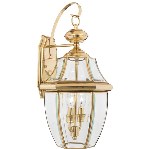 Newbury 20 Inch Outdoor Wall Lantern Two Light Polished Brass With Clear Beveled Glass E12 Base Classic French Country Style