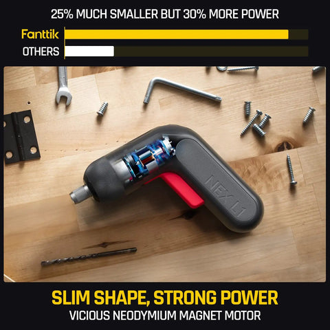 Beast Cordless Screwdriver Kit With 14 Bits shown on a workbench with tools, highlighting slim design and neodymium magnet motor.