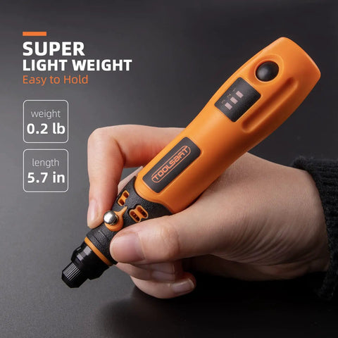 Mini Cordless Rotary Tool Kit With 3 Speed Settings And 50 Accessories, 3.7V Rechargeable Rotary Tool in hand, orange and black