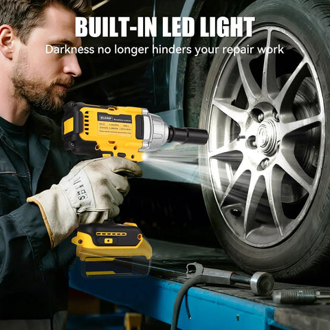 Pro Grade 1/2 Inch Cordless Impact Wrench Fits 20V Max Batteries in use on a tire, showcasing built-in LED light for detailed work.