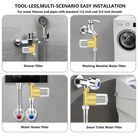 Installation of High Flow 40 Micron Brass Sediment Filter for home and RV using shower, washer, heater, and toilet.
