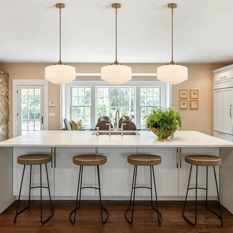 Vintage Brass Milk Glass Pendant Light 13.8in White Pleated Chandelier, E26 above a kitchen island with bar stools.