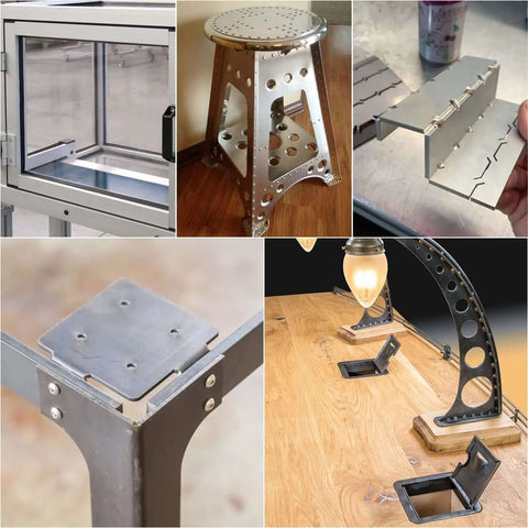 Collage of DIY projects using 12x12 Inch Aluminum Sheet 1/16 Inch Thick 5052 H32 Plate with double protective film, showcasing metal crafting.