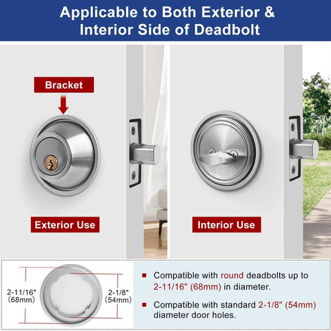 MOSECYOU deadbolt shield lockout device, silver metal; exterior/interior views show keyhole and thumb-turn protection.