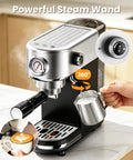 Straight Shooter Semi Automatic Espresso Machine With Reliable Milk Frother For Creamy Lattes And Bold Cappuccinos 20 Bar Pressure showing powerful steam wand and milk pitcher