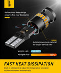 Amber Yellow 194 LED Wedge Light Kit showing fast heat dissipation, aviation aluminum design, and temperature comparison with halogen bulb.