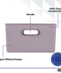 Level Up Your Nest With These Dope Ribbed Plastic Storage Bins A Set Of Eight Spacious Open Baskets Perfect For Closet Organization And Home Shelving Vibes, lilac basket with handle and ribbed design.