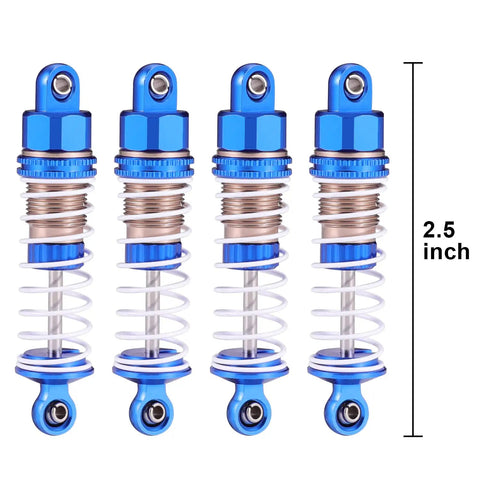 Beefed-Up Full Aluminum Oil Shocks Kit For 1/18 Scale RC Trucks 4 Pc Set, 2.5-inch, Blue Finish, Front View