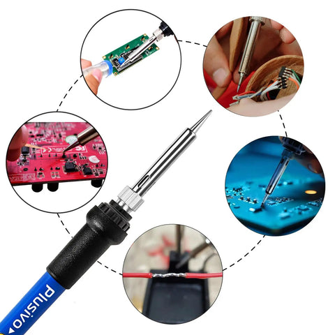 60 Watt Adjustable Temperature Soldering Iron Kit With 5 In 1 Electronics Repair Set in action on various circuit boards