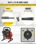 Comparison of core cables showing 50 FT x 1/2 IN steel core for Heavy Duty Electric Drain Auger with sharp rotary blades.