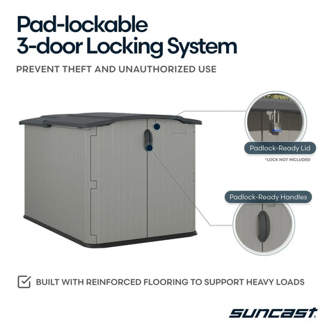 138 Cu Ft Horizontal Outdoor Storage Shed With Glidetop Sliding Lid Weatherproof Resin Shed With Floor For Bikes Motorcycles And Lawn Mower Heavy Duty Easy Access Made In The USA with pad-lockable 3-door locking system