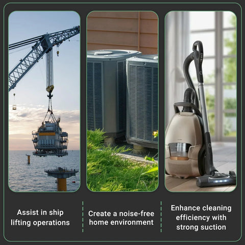 Three-panel collage: crane lifting offshore equipment, two outdoor AC condensers, and a beige canister vacuum.