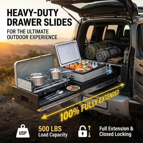 Heavy Duty Drawer Slides With Lock 500lb Full Extension Fleet Grade Locking Lever For Commercial Vans And Utility Vehicles Keeps Heavy Tool Drawers Secure Through Sharp Turns And Sudden Stops., side-mounted drawer slide in van, 500 lb load