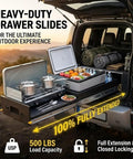 Locking Drawer Slides Heavy Duty Full Extension, 500 Pound Capacity, Ultra Wide 76mm Rails, Rust Proof Blue Zinc Coated Steel, Beefy Cold Rolled Steel Construction, Smooth Quiet Action For Workbenches, Tool Chests And Heavy Drawers mounted in a truck cargo slide-out kitchen.