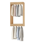 Top Shelf Wall Mounted Wood Closet Organizer With Double Hanging Rods And Flexible Diy Build For Keeping Your Duds Tidy, featuring light-colored clothing.