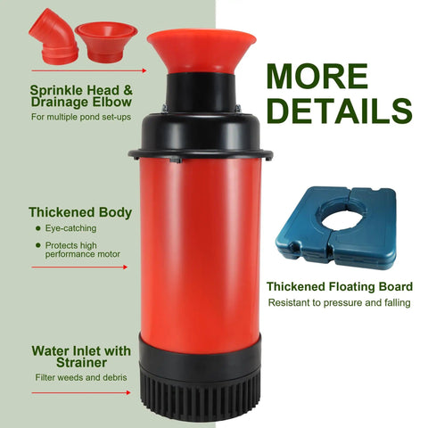 High Flow Pond Fountain Aerator Pump With 110V 1HP 750W Motor Delivers 15000 GPH Floating Aerating Fountain product features