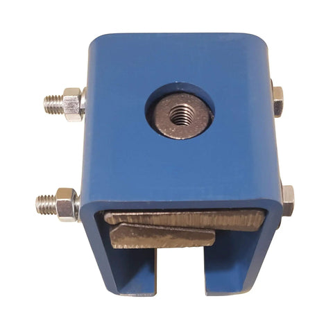 Close-up of Splice Hanger Assembly for Unibilt Conveyor Track Systems Built to Last Made in USA, showing the clamp and screws.