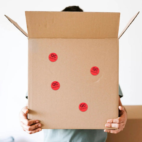 Round QC Labels 1 Roll Must-Have High-Contrast Quality Control Stickers With Peeling-Resistant Coated Paper Adhesive For Production Testing, Warehouse Supplies, Inventory, And Quality Assurance on cardboard box
