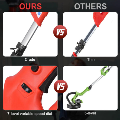 Comparison of Drywall Sander With Vacuum System, 800W Electric Sander, with focus on handle and speed control features.